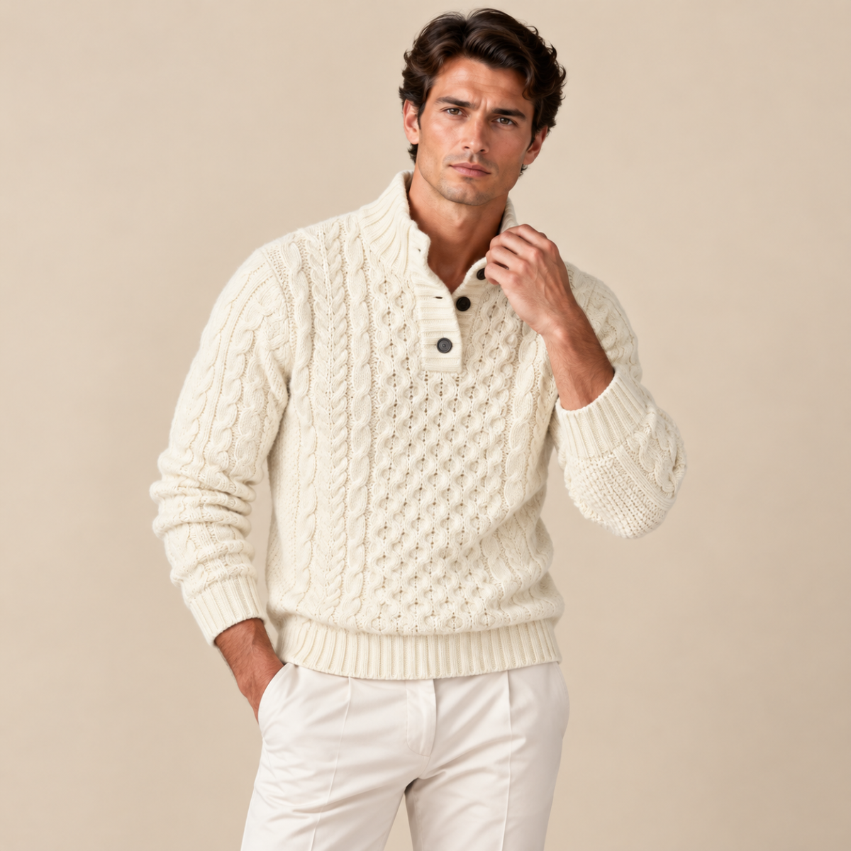Brighton Men's Cable Knit Sweater with Chunky Button Neck