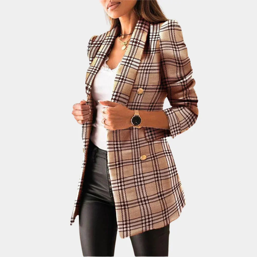 Women's Slim Fit Plaid Double Breasted Blazer