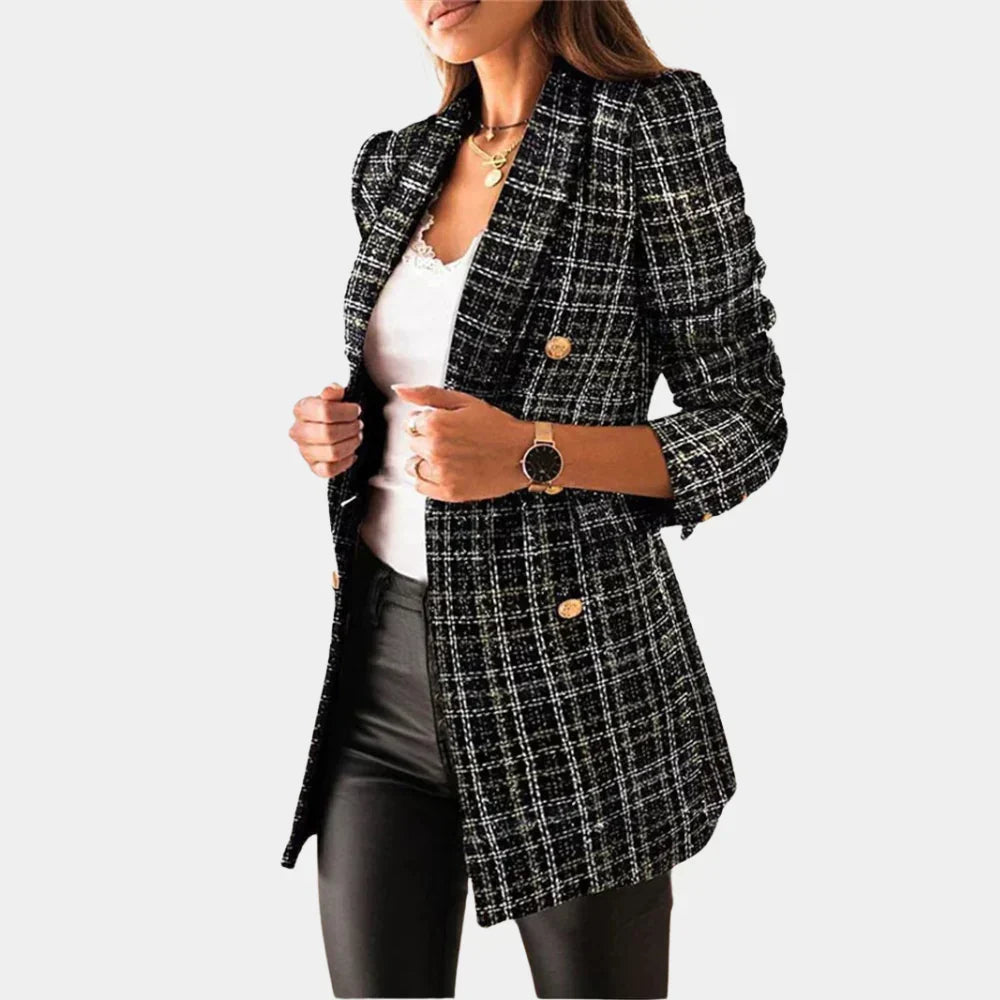 Women's Slim Fit Plaid Double Breasted Blazer