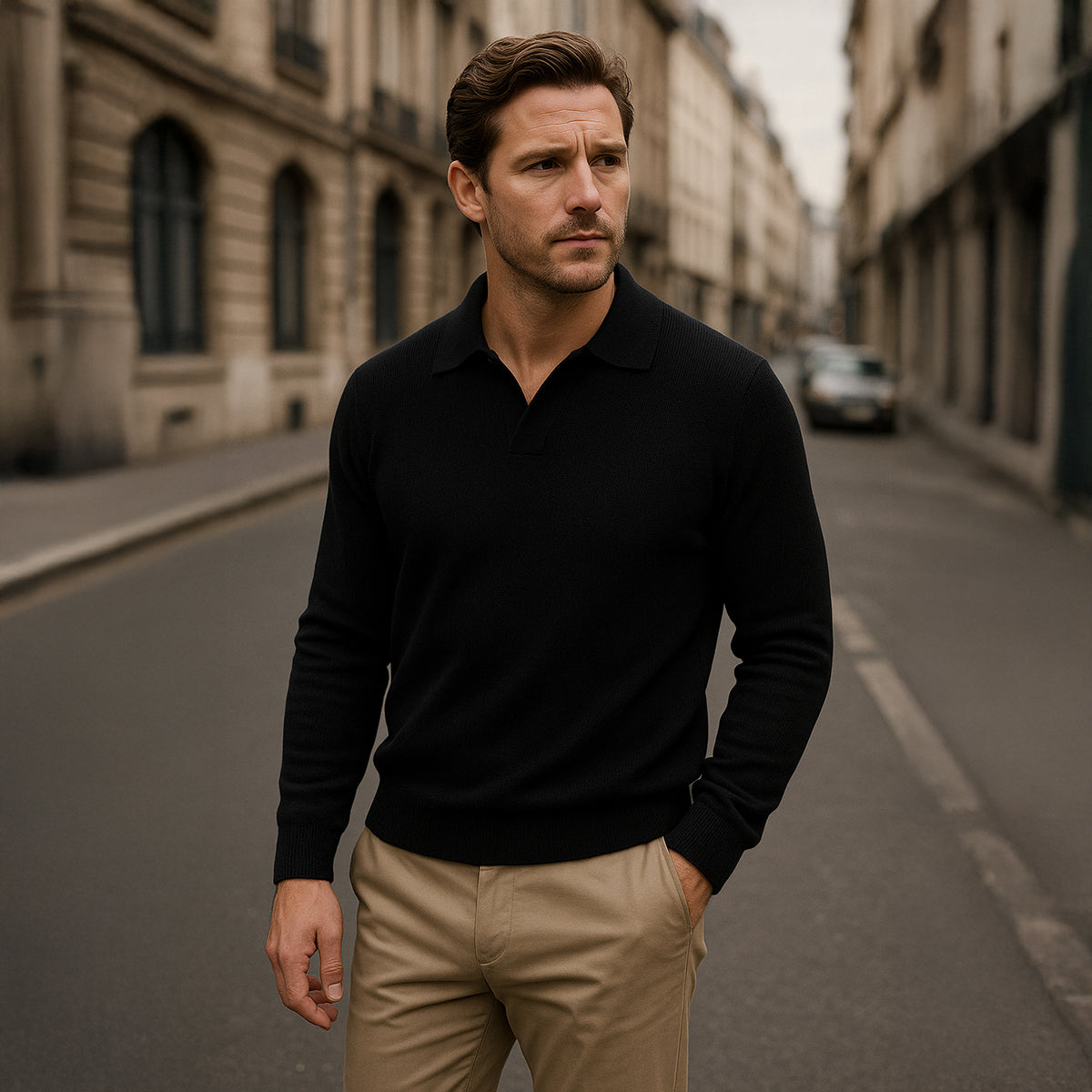 Knitted Long Sleeve Polo Jumper for Men - Open Collar