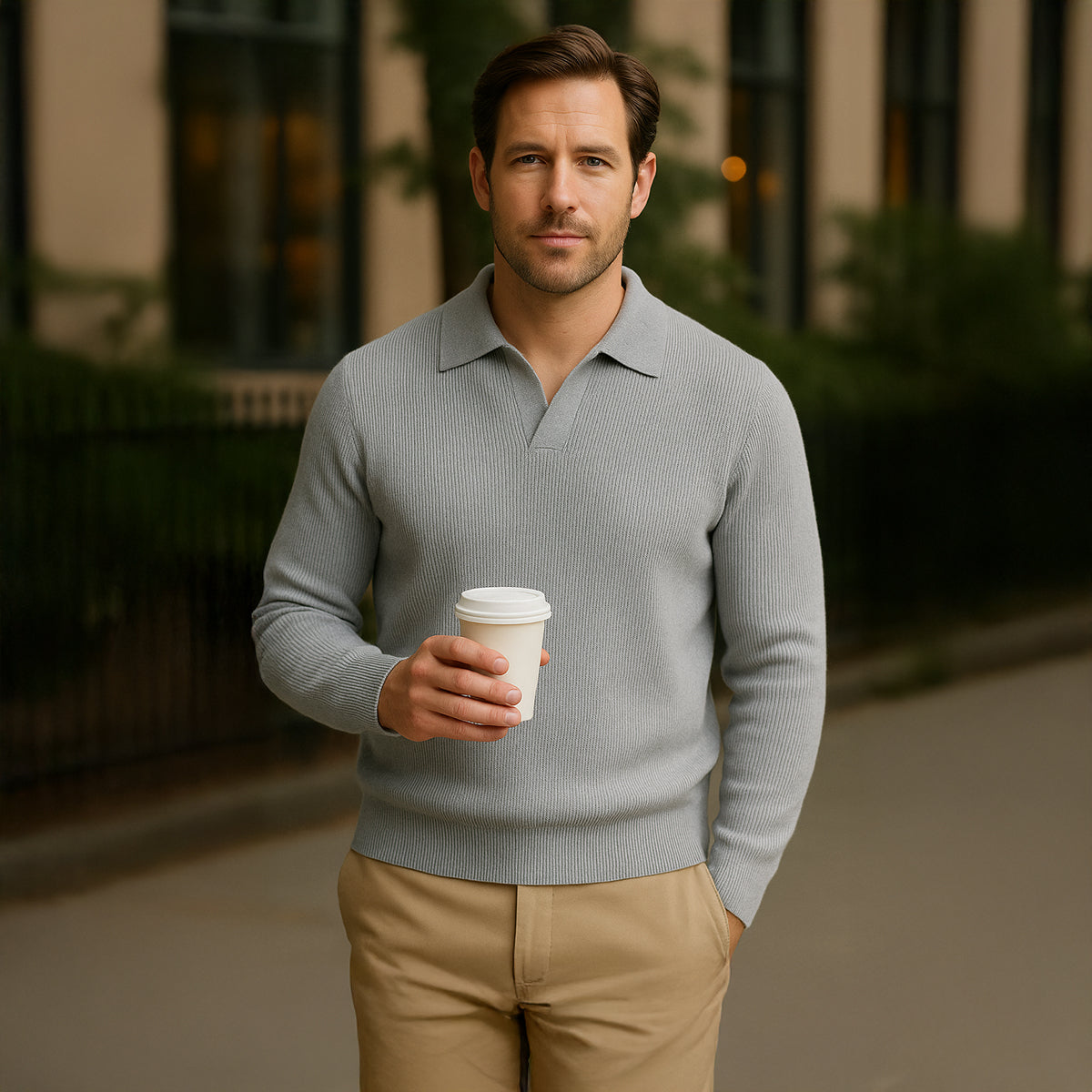 Knitted Long Sleeve Polo Jumper for Men - Open Collar