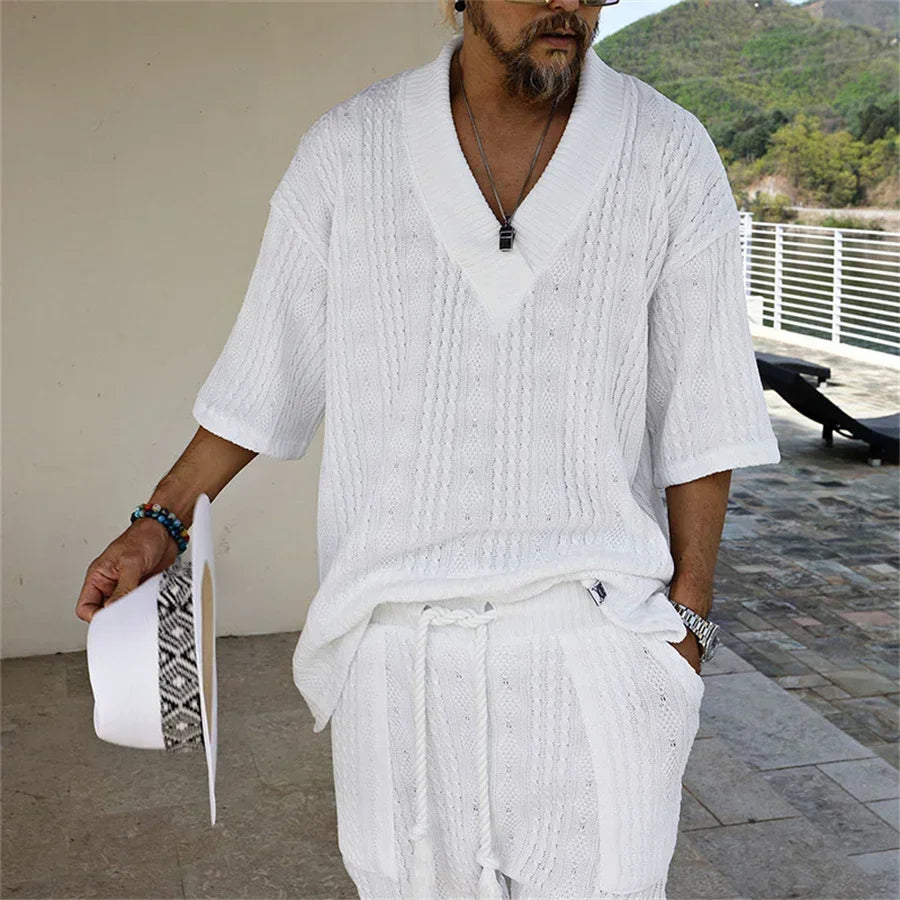 Men’s Knitted Set – V Neck Oversized Top with Shorts