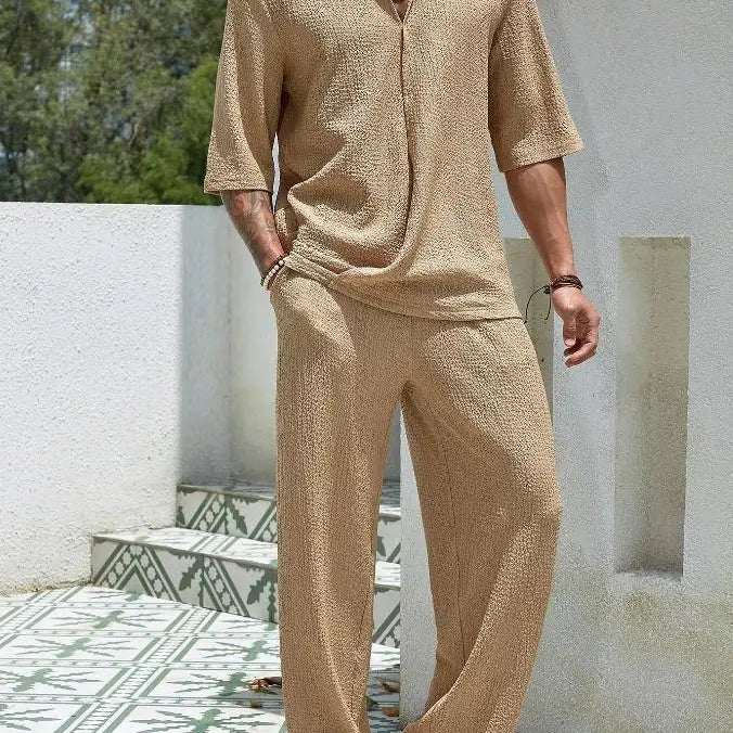 Men’s Textured Lounge Set – V Neck Short Sleeve Top & Trousers