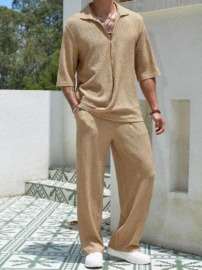 Men’s Textured Lounge Set – V Neck Short Sleeve Top & Trousers