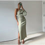 Women's Pleated One Shoulder Dress with Slit