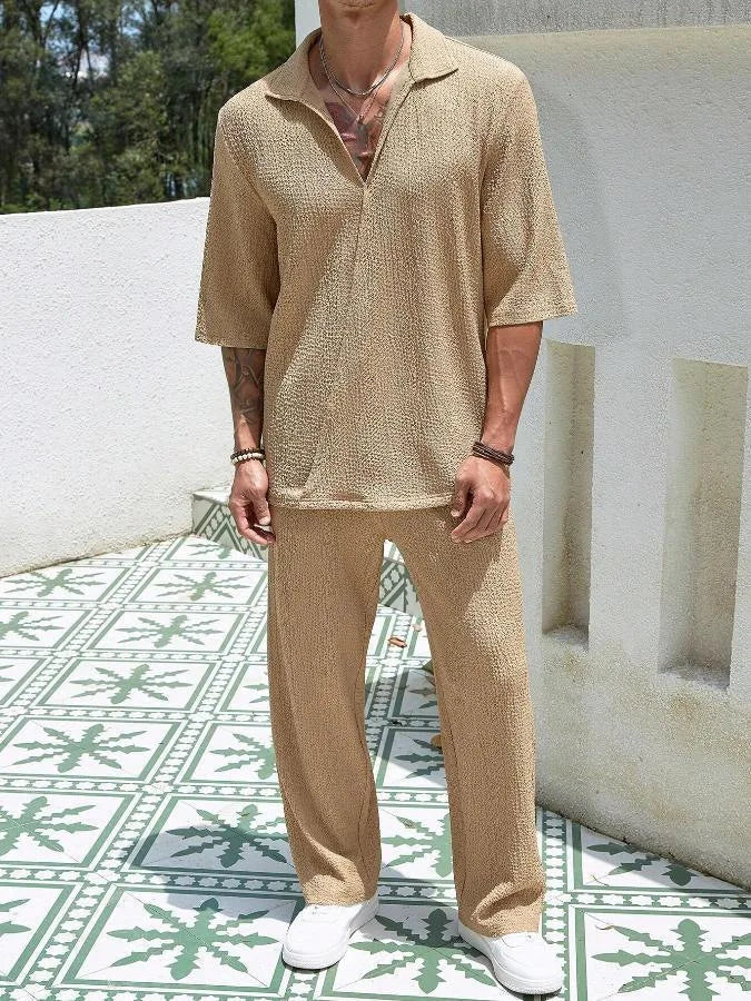 Men’s Textured Lounge Set – V Neck Short Sleeve Top & Trousers