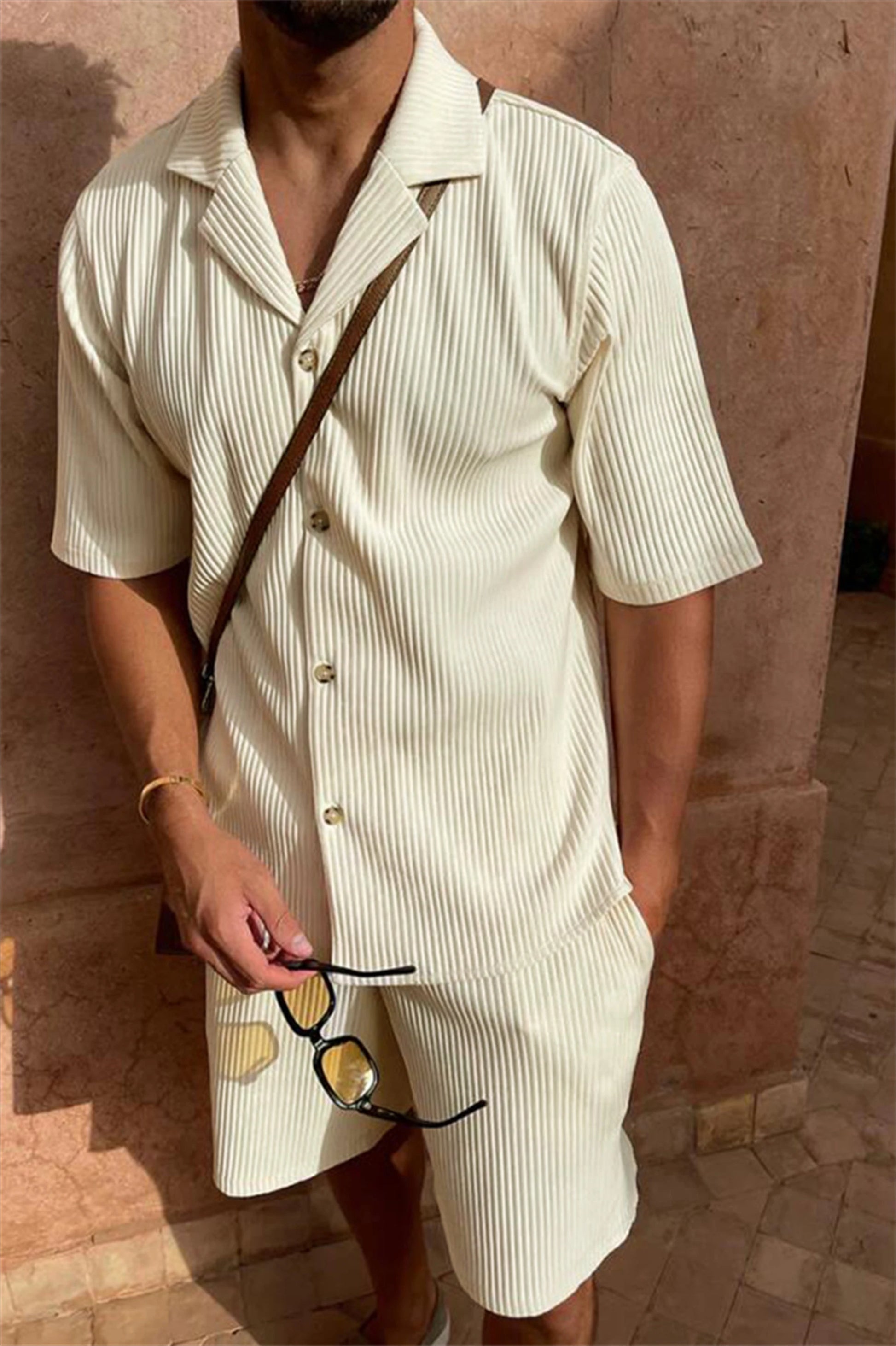 Men’s Two Piece Pleated Set – Short Sleeve Shirt & Shorts