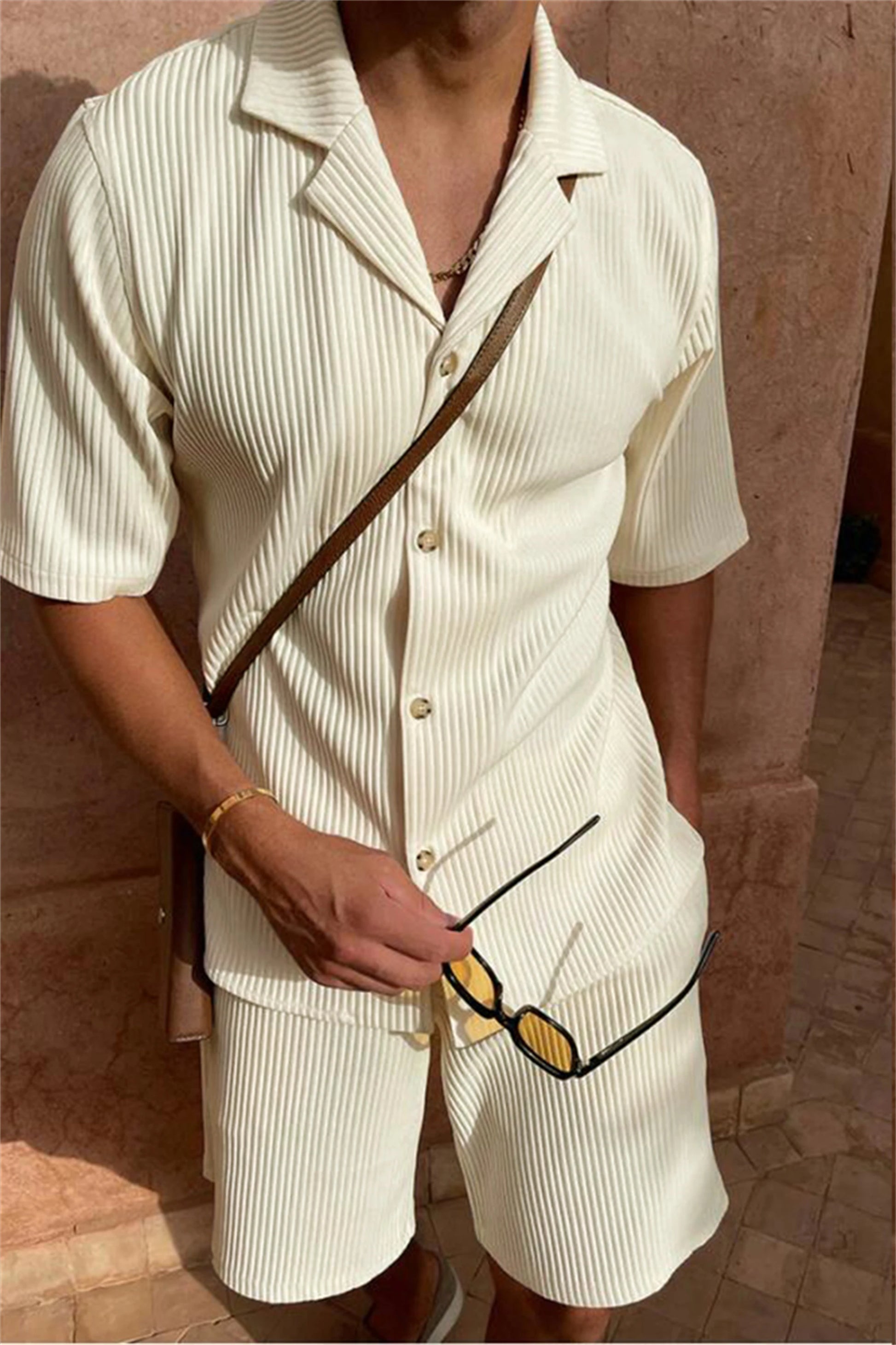 Men’s Two Piece Pleated Set – Short Sleeve Shirt & Shorts