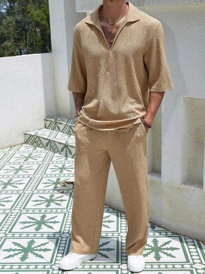 Men’s Textured Lounge Set – V Neck Short Sleeve Top & Trousers