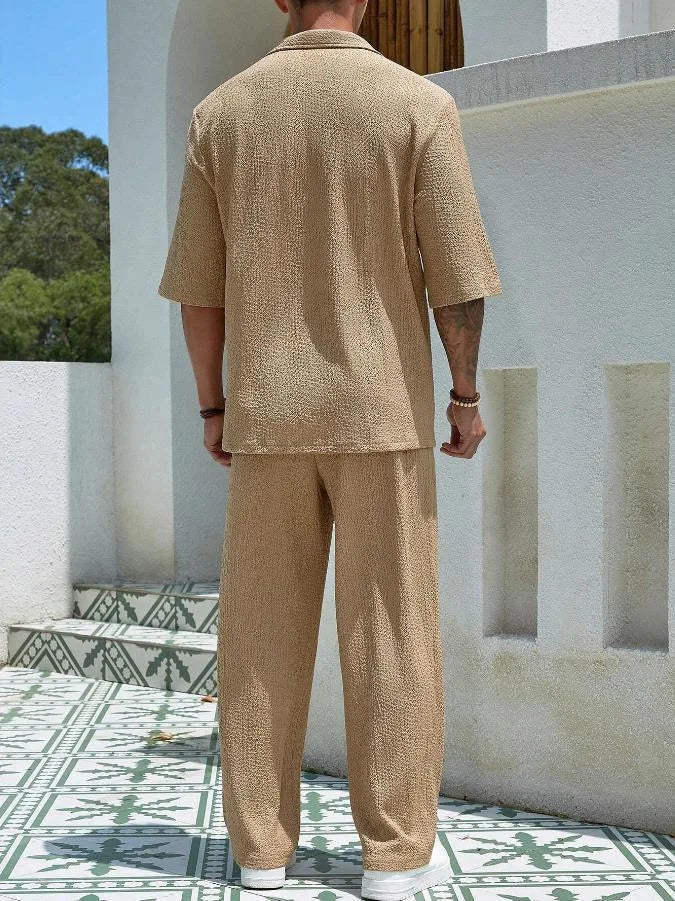 Men’s Textured Lounge Set – V Neck Short Sleeve Top & Trousers