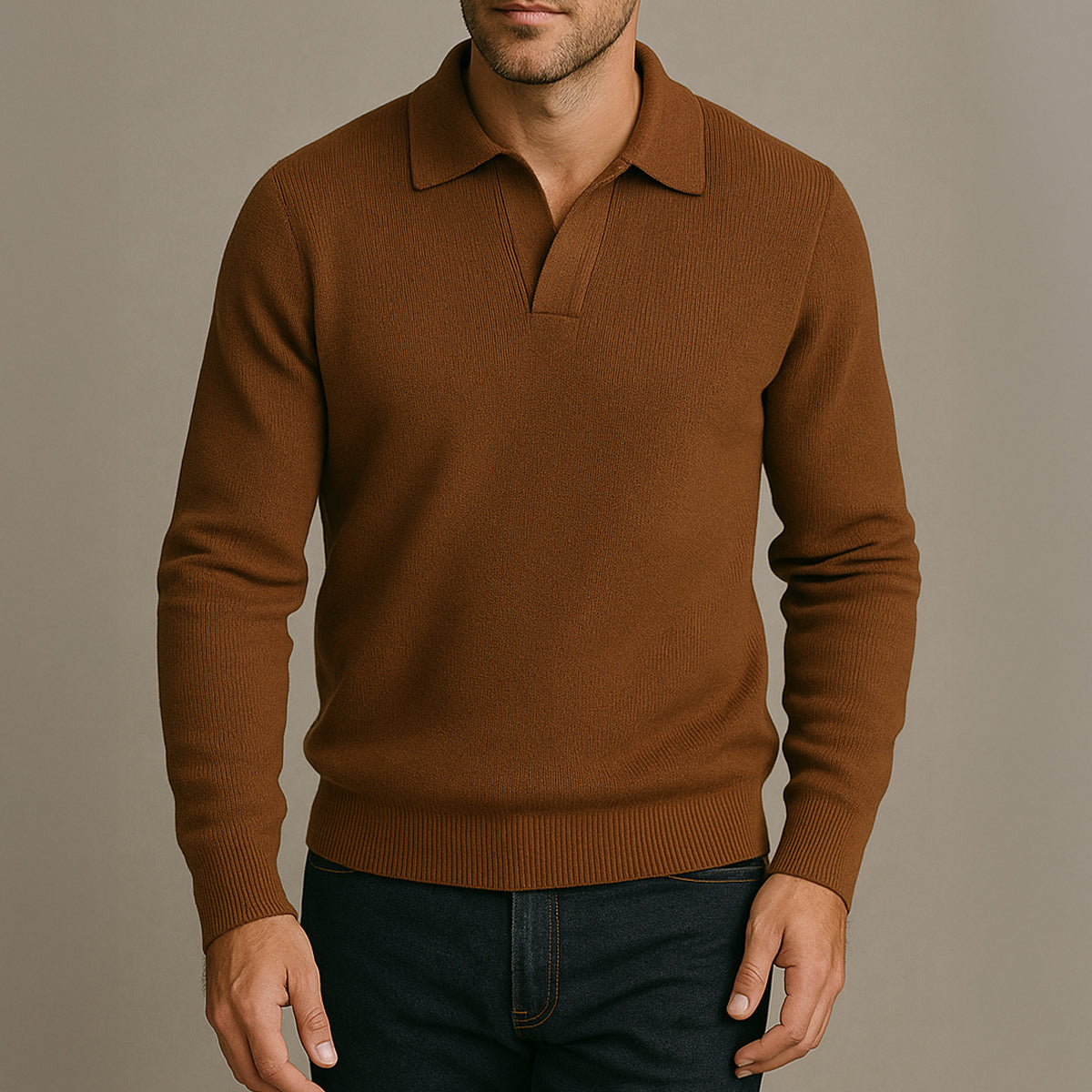 Knitted Long Sleeve Polo Jumper for Men - Open Collar