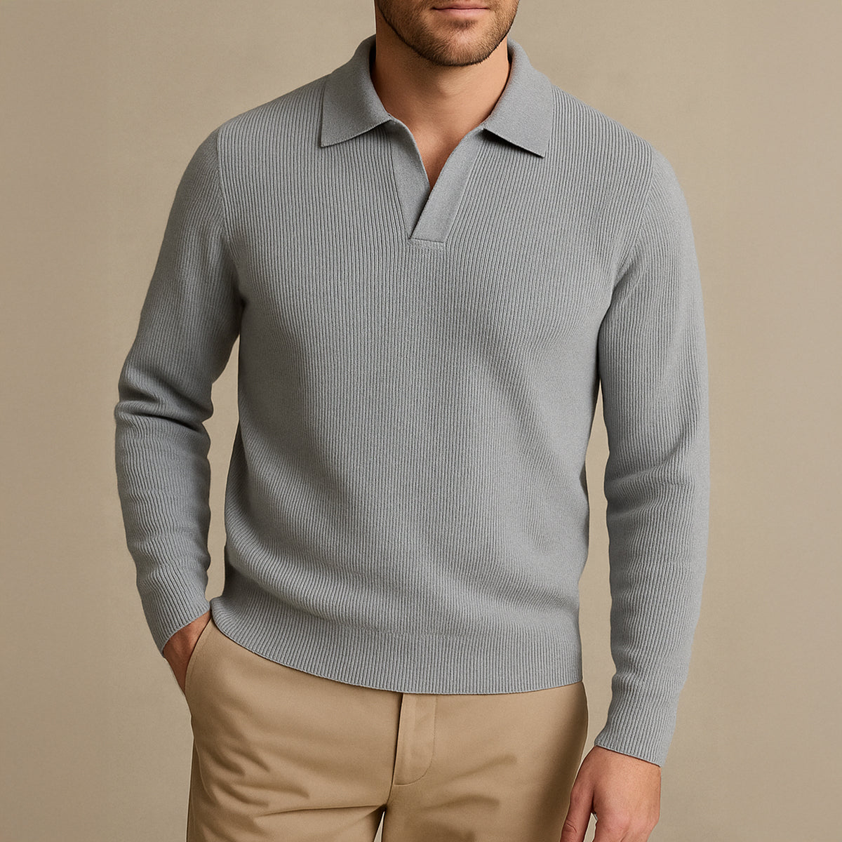 Knitted Long Sleeve Polo Jumper for Men - Open Collar