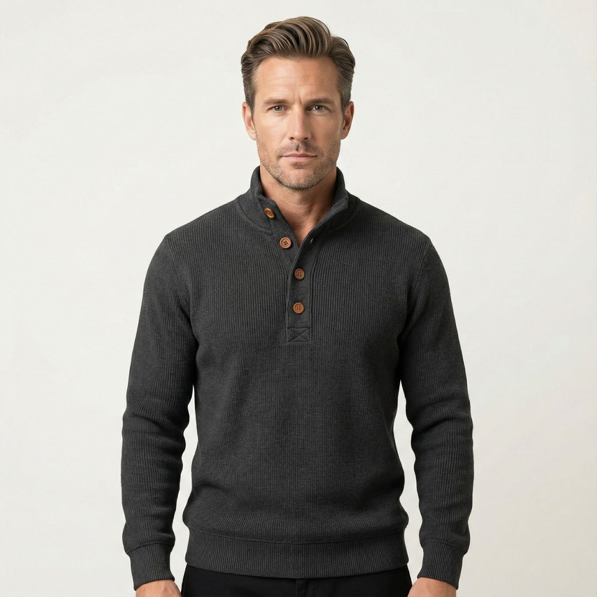 Waldorf Men's Grey Luxury Knit Sweater with Button Neck