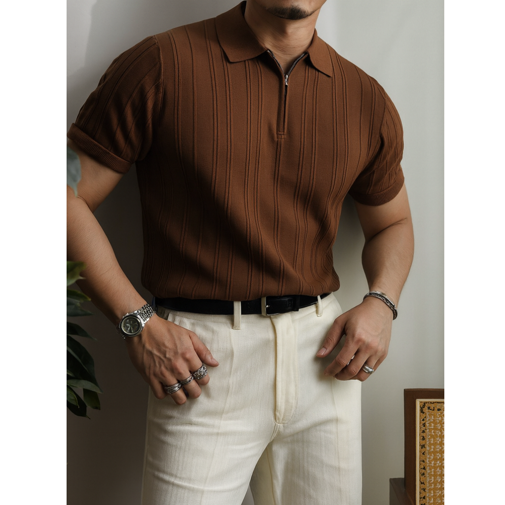 Men’s Knitted Zip Polo Shirt – Short Sleeve Vertical Stripe Top