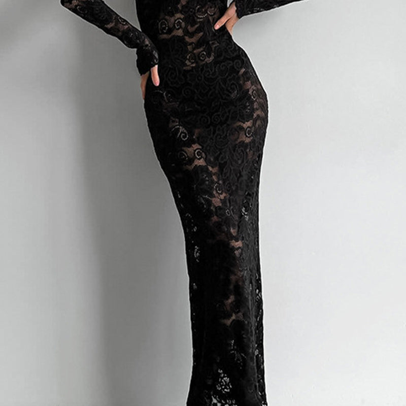 Women's Sheer Black Lace Maxi Dress