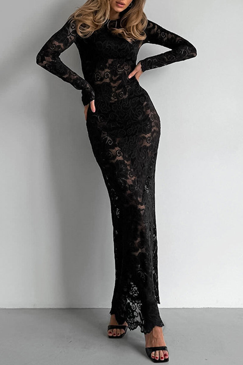 Women's Sheer Black Lace Maxi Dress