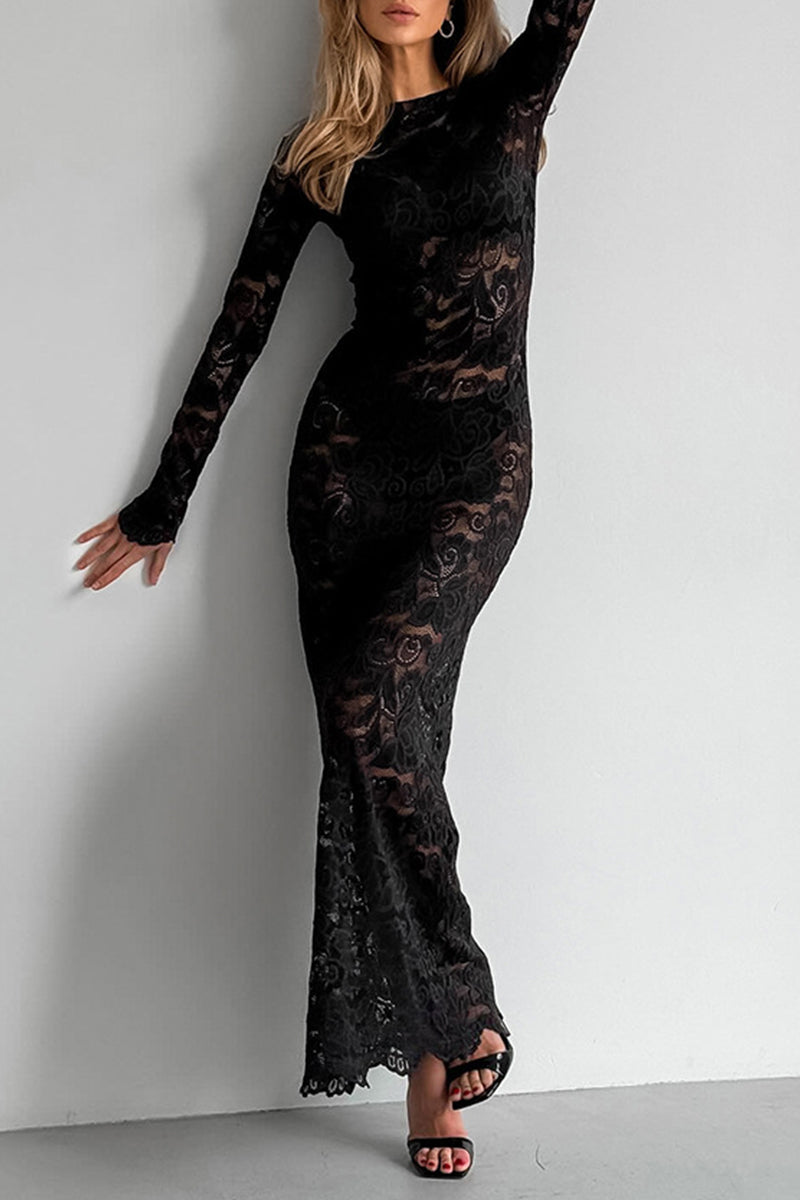 Women's Sheer Black Lace Maxi Dress