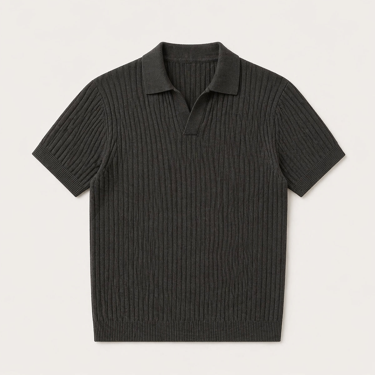 Men’s Ribbed Knitted Polo – Short Sleeve Slim Fit V Neck