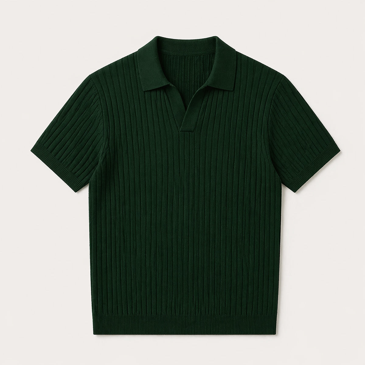 Men’s Ribbed Knitted Polo – Short Sleeve Slim Fit V Neck