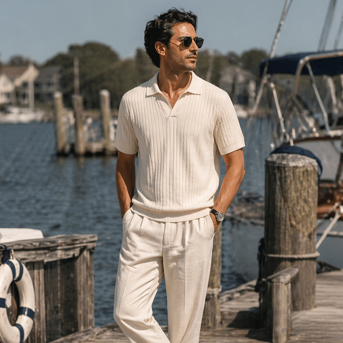 Men’s Ribbed Knitted Polo – Short Sleeve Slim Fit V Neck