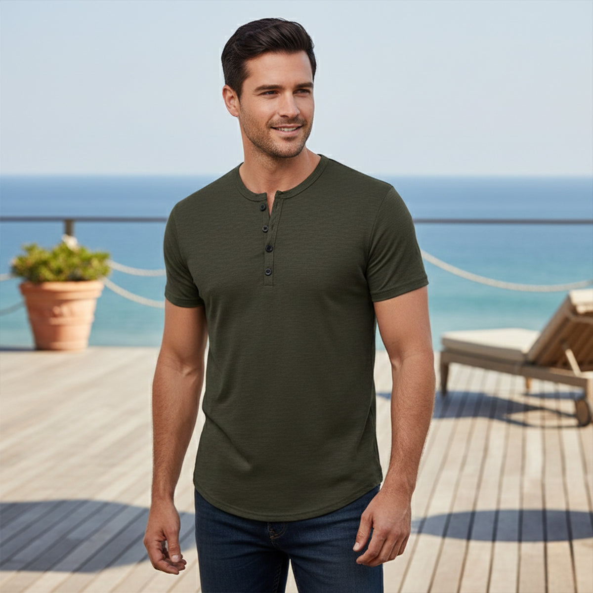 Men’s Henley T-Shirt – Casual Short Sleeve Cotton Button Tee