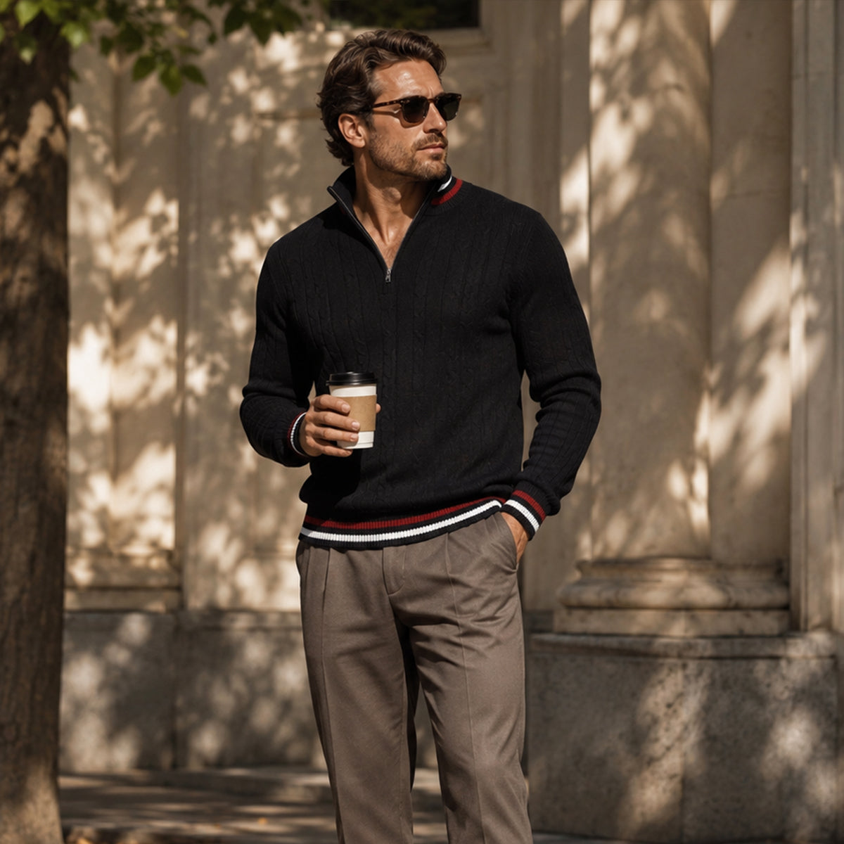 Men’s Warm Half Zip Knit Jumper with Stripe Trim
