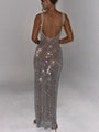 Women's Full Length Silver Sequin Maxi Dress