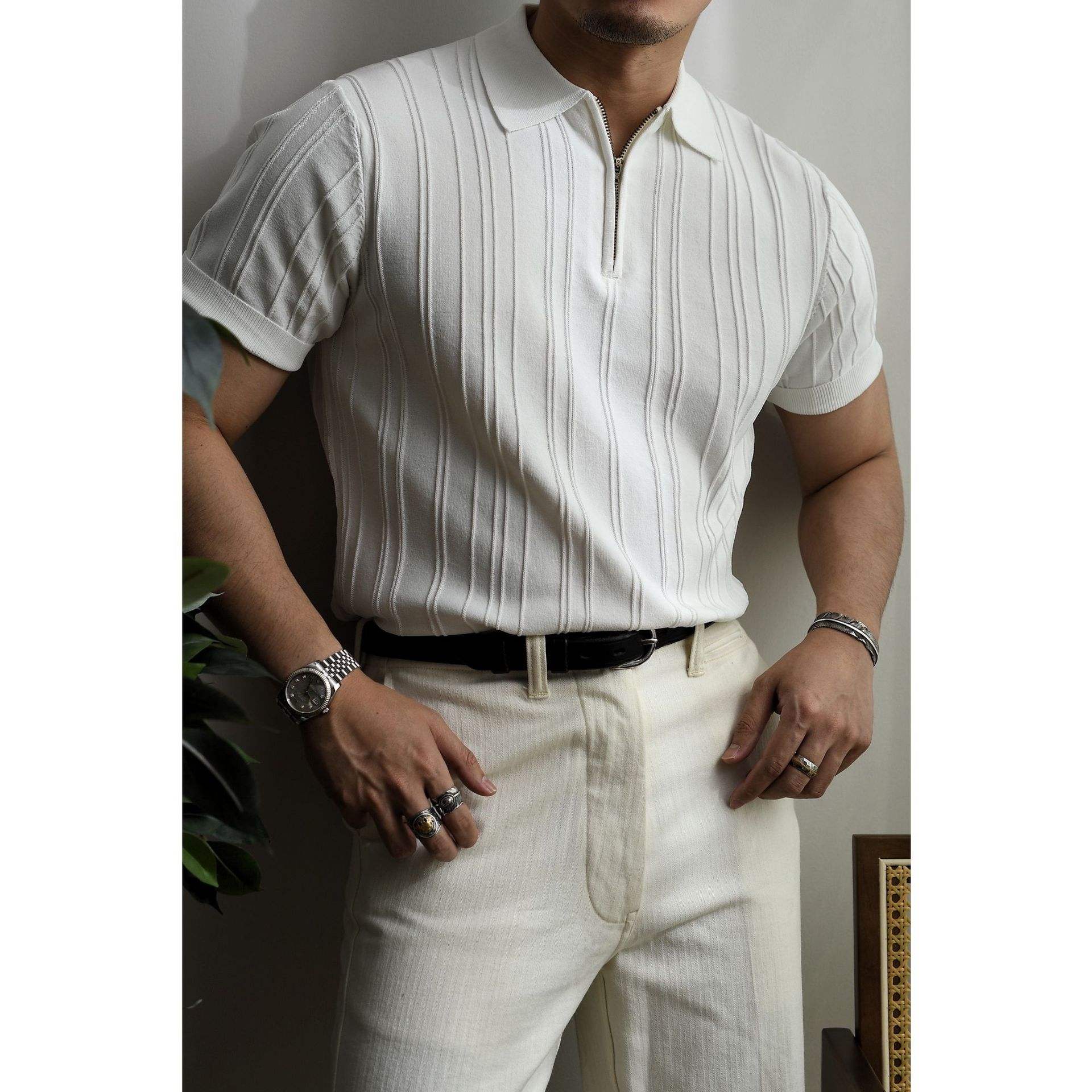 Men’s Knitted Zip Polo Shirt – Short Sleeve Vertical Stripe Top