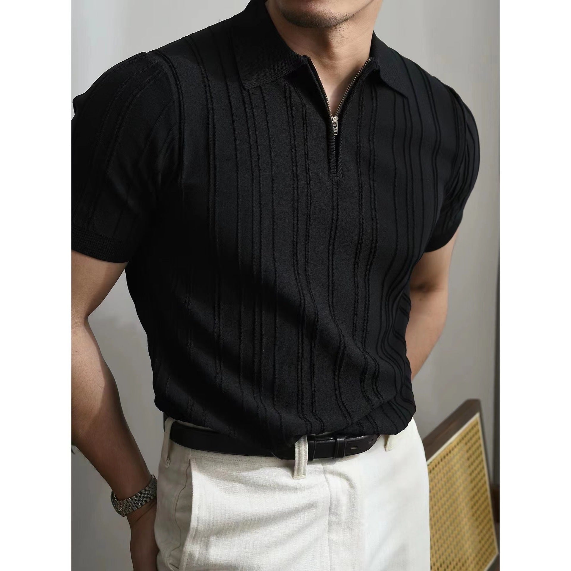 Men’s Knitted Zip Polo Shirt – Short Sleeve Vertical Stripe Top