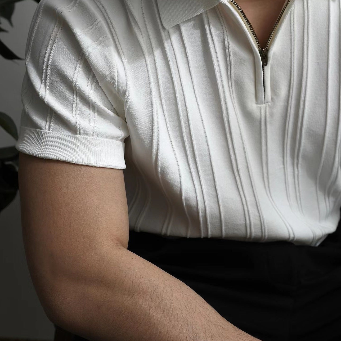 Men’s Knitted Zip Polo Shirt – Short Sleeve Vertical Stripe Top