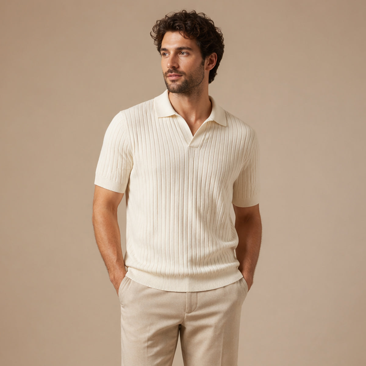 Men’s Ribbed Knitted Polo – Short Sleeve Slim Fit V Neck