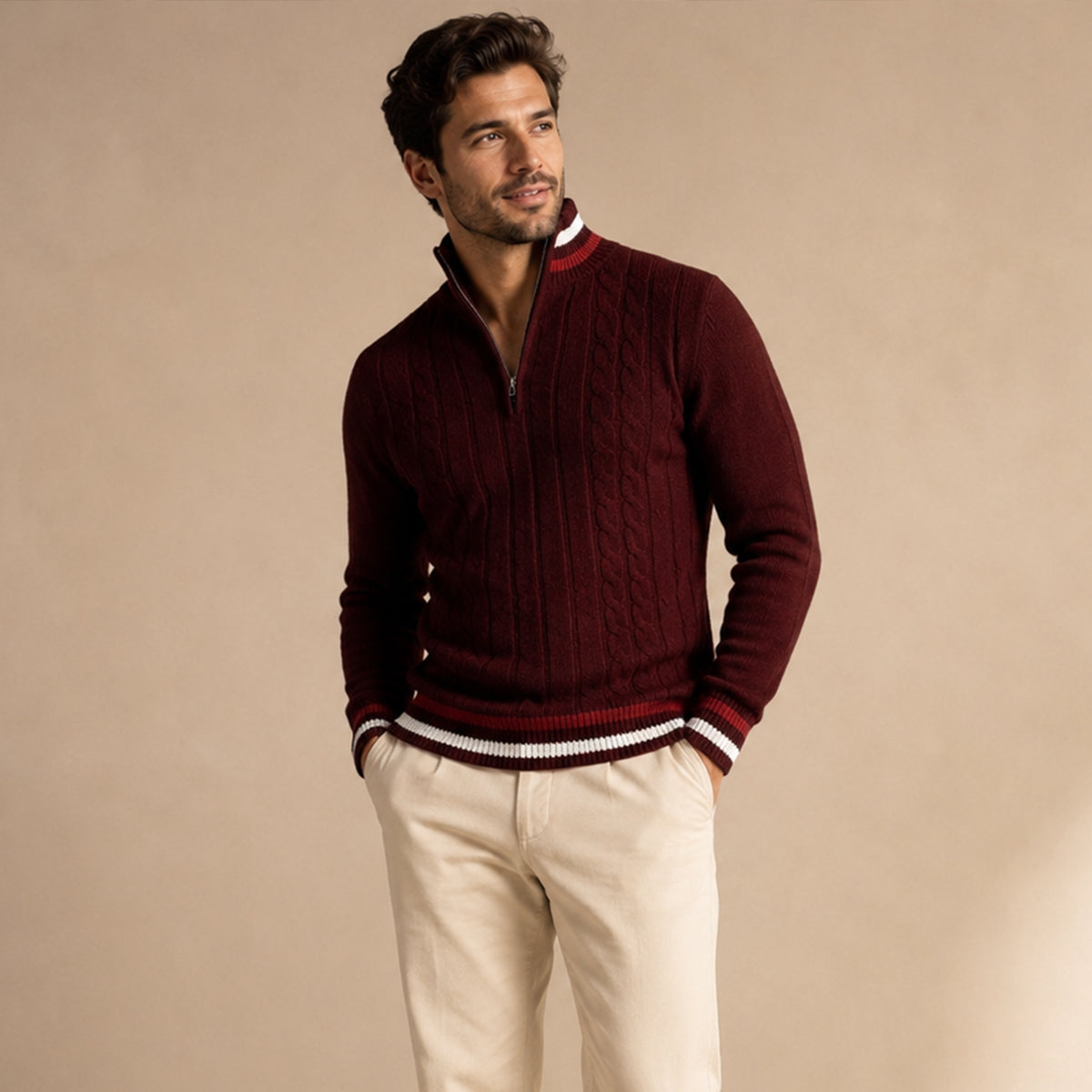 Men’s Warm Half Zip Knit Jumper with Stripe Trim