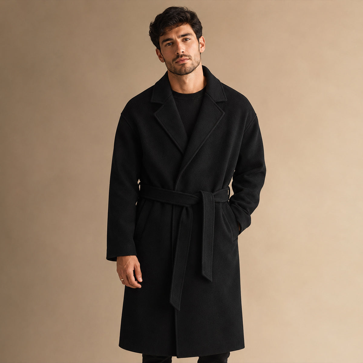 Whitechapel Men's Stylish Camel Wool Wrap Coat with Belt