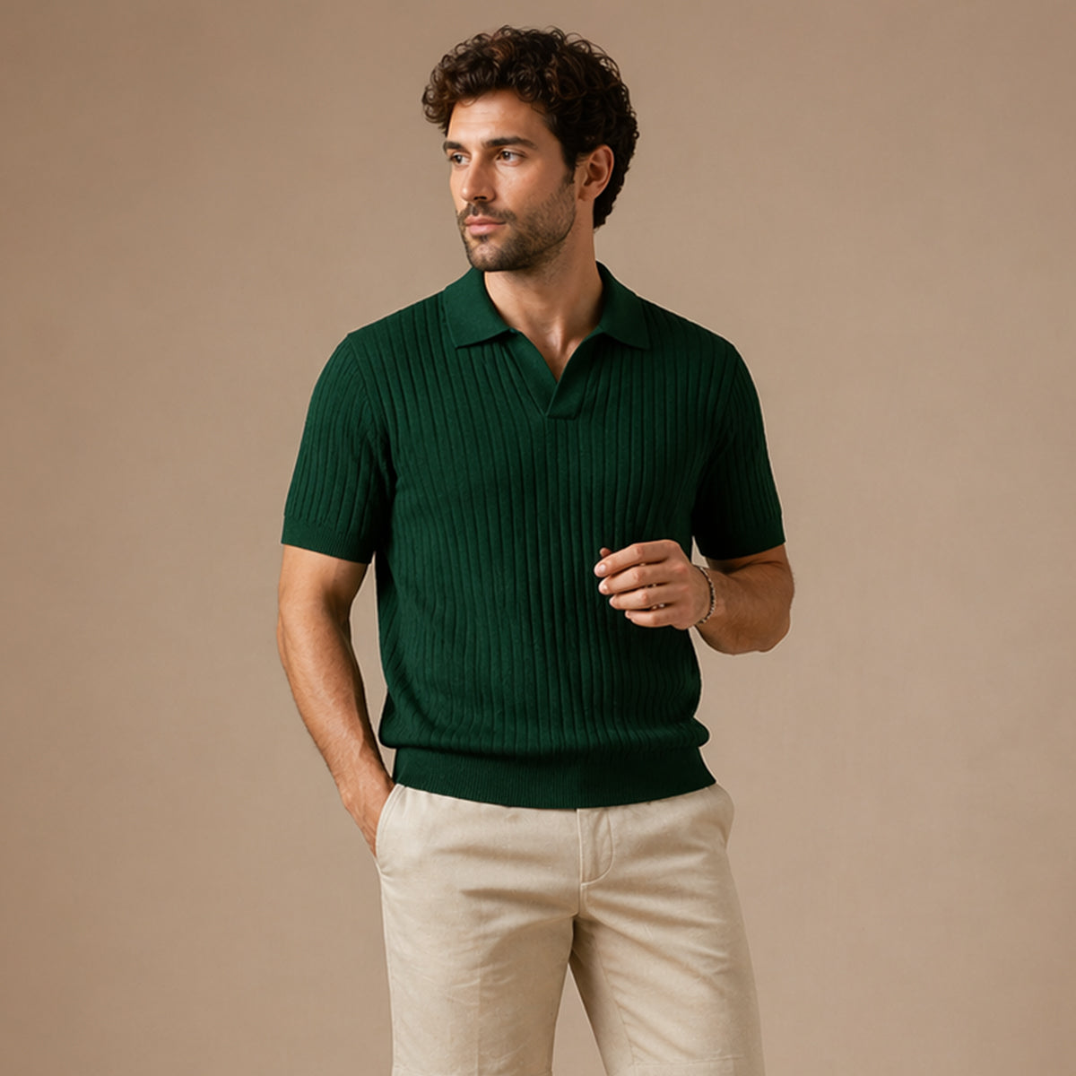 Men’s Ribbed Knitted Polo – Short Sleeve Slim Fit V Neck