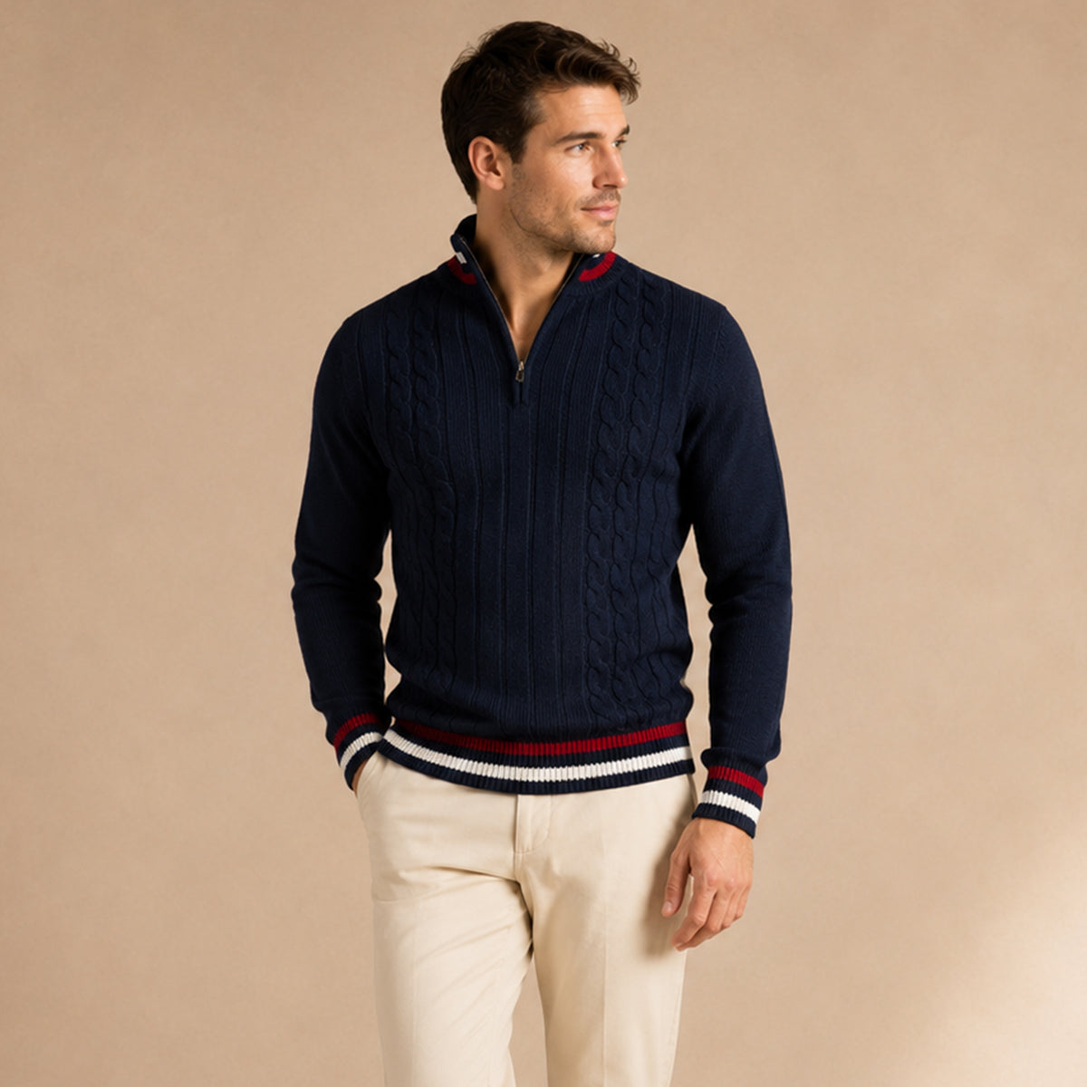 Men’s Warm Half Zip Knit Jumper with Stripe Trim