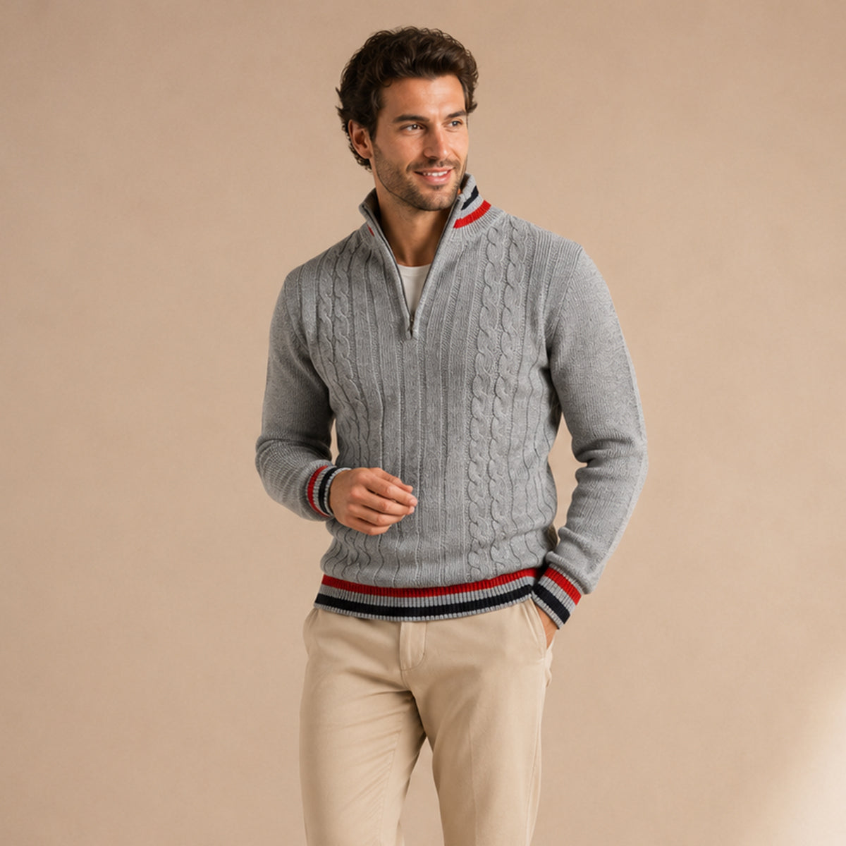 Men’s Warm Half Zip Knit Jumper with Stripe Trim