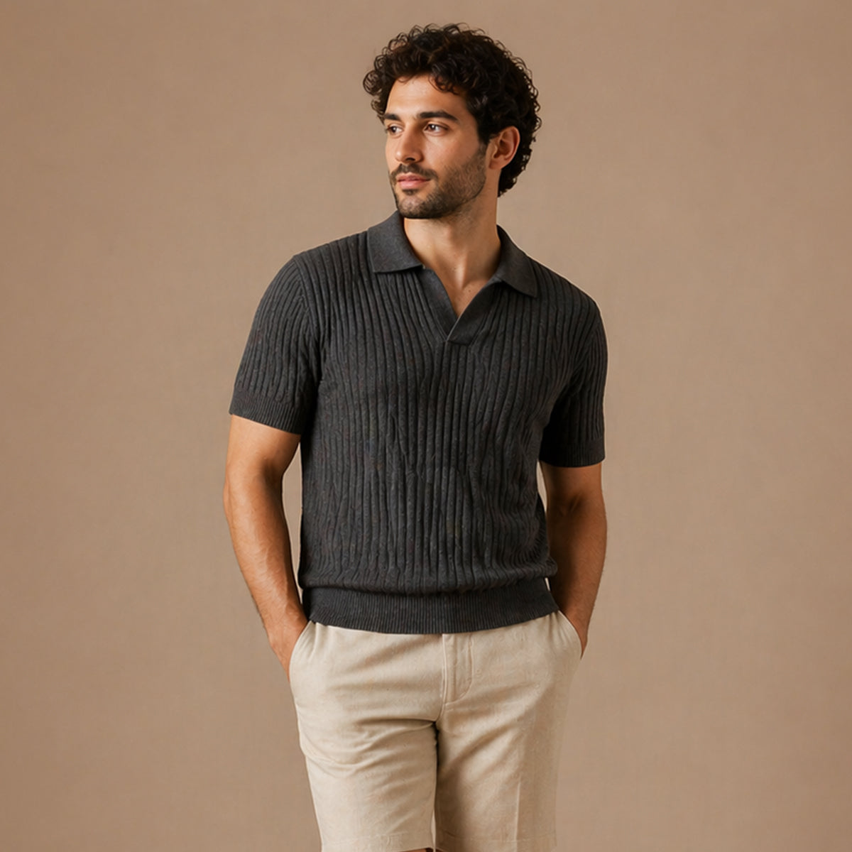 Men’s Ribbed Knitted Polo – Short Sleeve Slim Fit V Neck