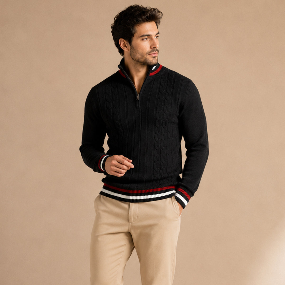 Men’s Warm Half Zip Knit Jumper with Stripe Trim