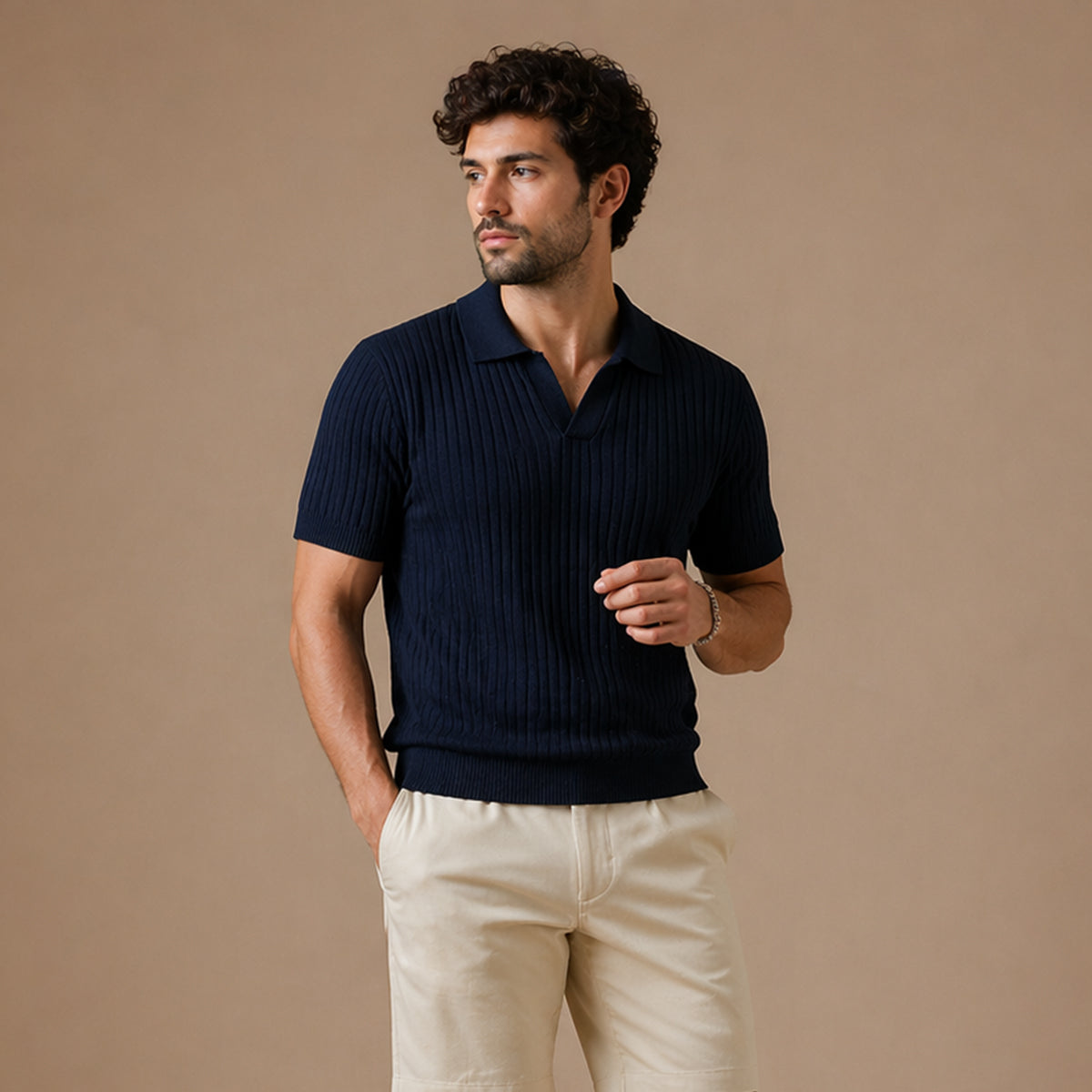 Men’s Ribbed Knitted Polo – Short Sleeve Slim Fit V Neck