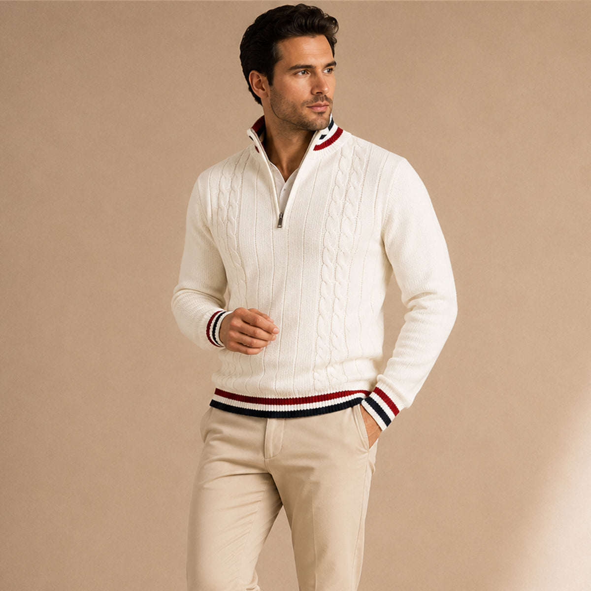 Men’s Warm Half Zip Knit Jumper with Stripe Trim