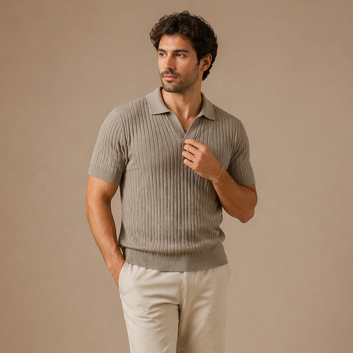 Men’s Ribbed Knitted Polo – Short Sleeve Slim Fit V Neck