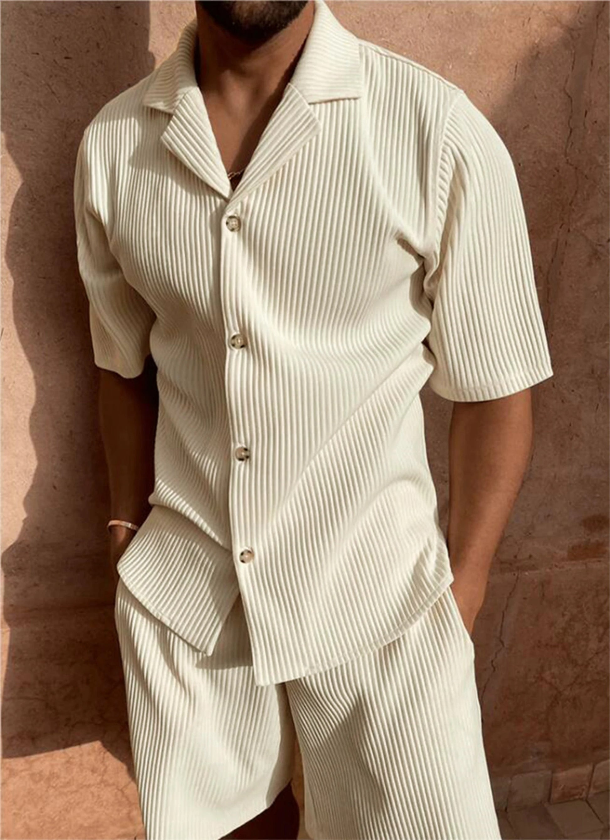 Men’s Two Piece Pleated Set – Short Sleeve Shirt & Shorts