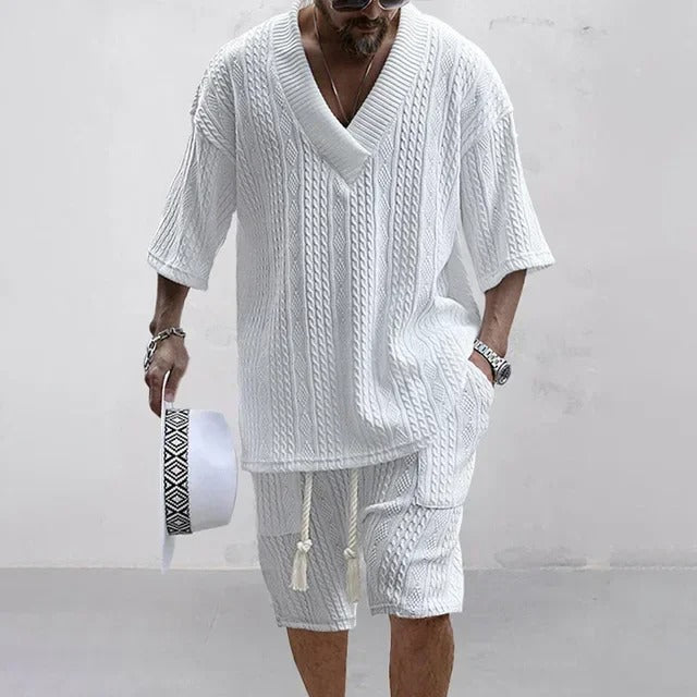 Men’s Knitted Set – V Neck Oversized Top with Shorts