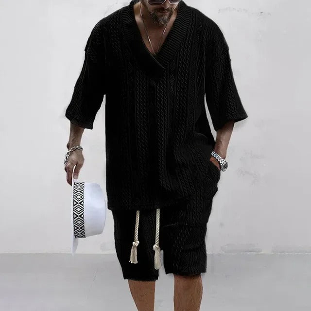 Men’s Knitted Set – V Neck Oversized Top with Shorts