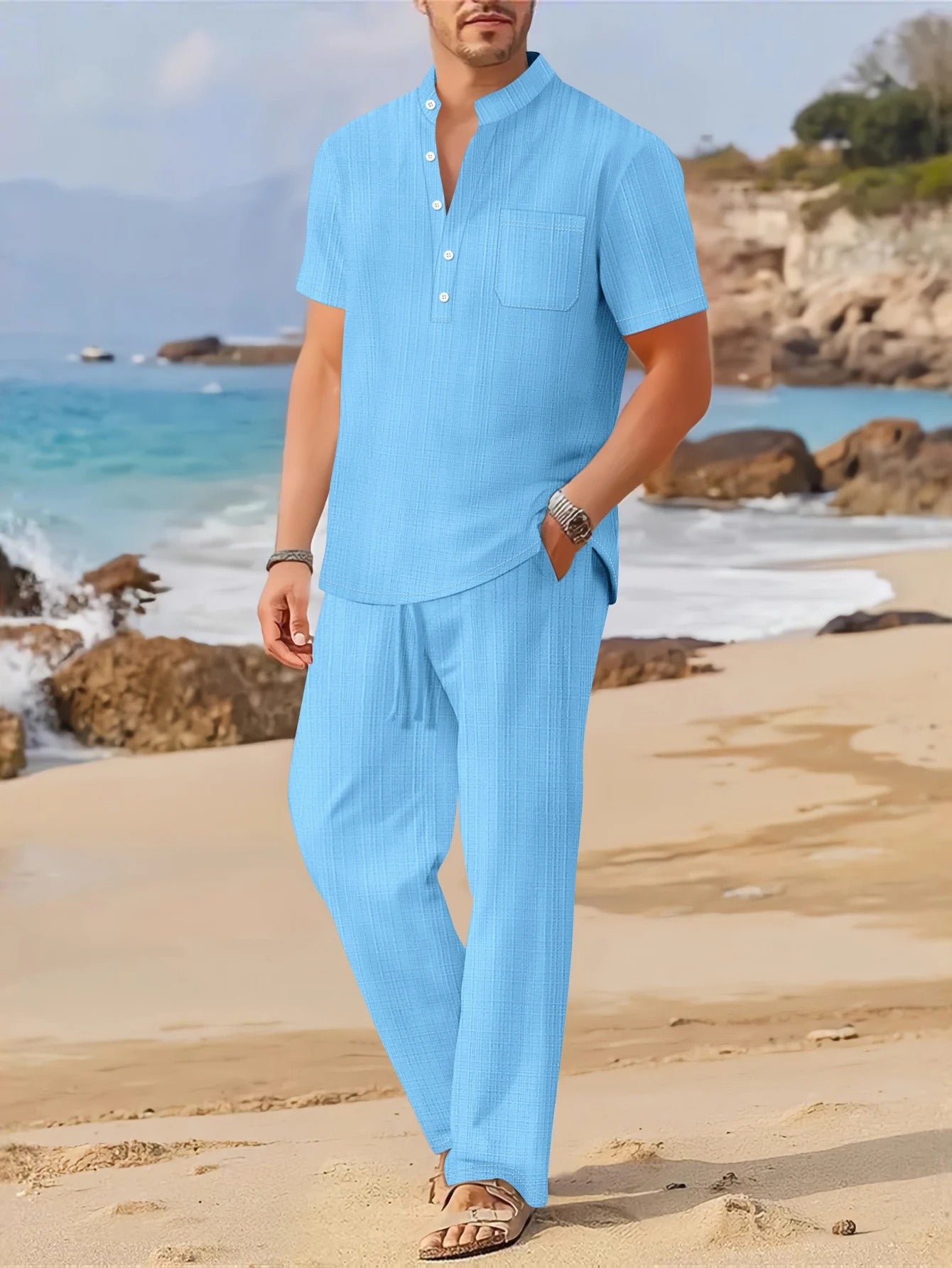 Men’s Beach Outfit Set – Short Sleeve Top and Relaxed Trousers
