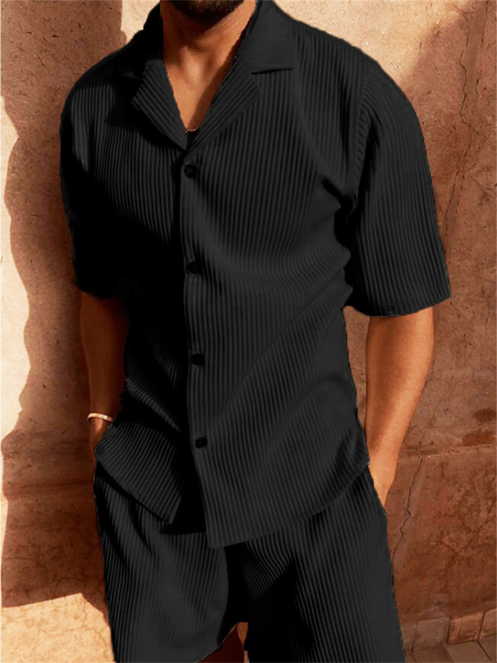 Men’s Two Piece Pleated Set – Short Sleeve Shirt & Shorts
