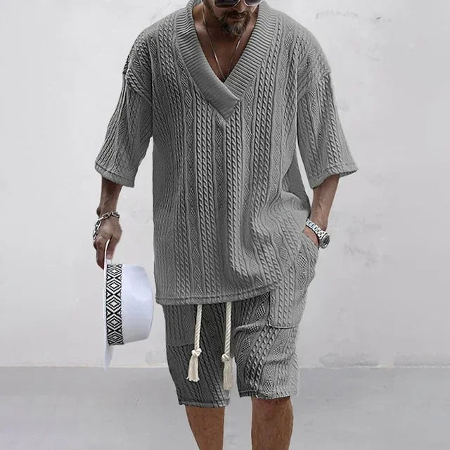 Men’s Knitted Set – V Neck Oversized Top with Shorts