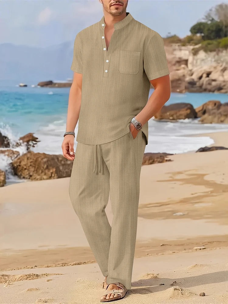 Men’s Beach Outfit Set – Short Sleeve Top and Relaxed Trousers