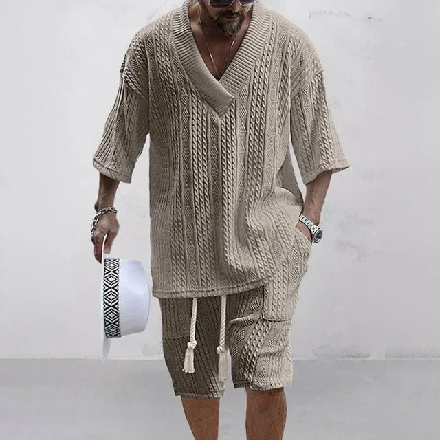 Men’s Knitted Set – V Neck Oversized Top with Shorts