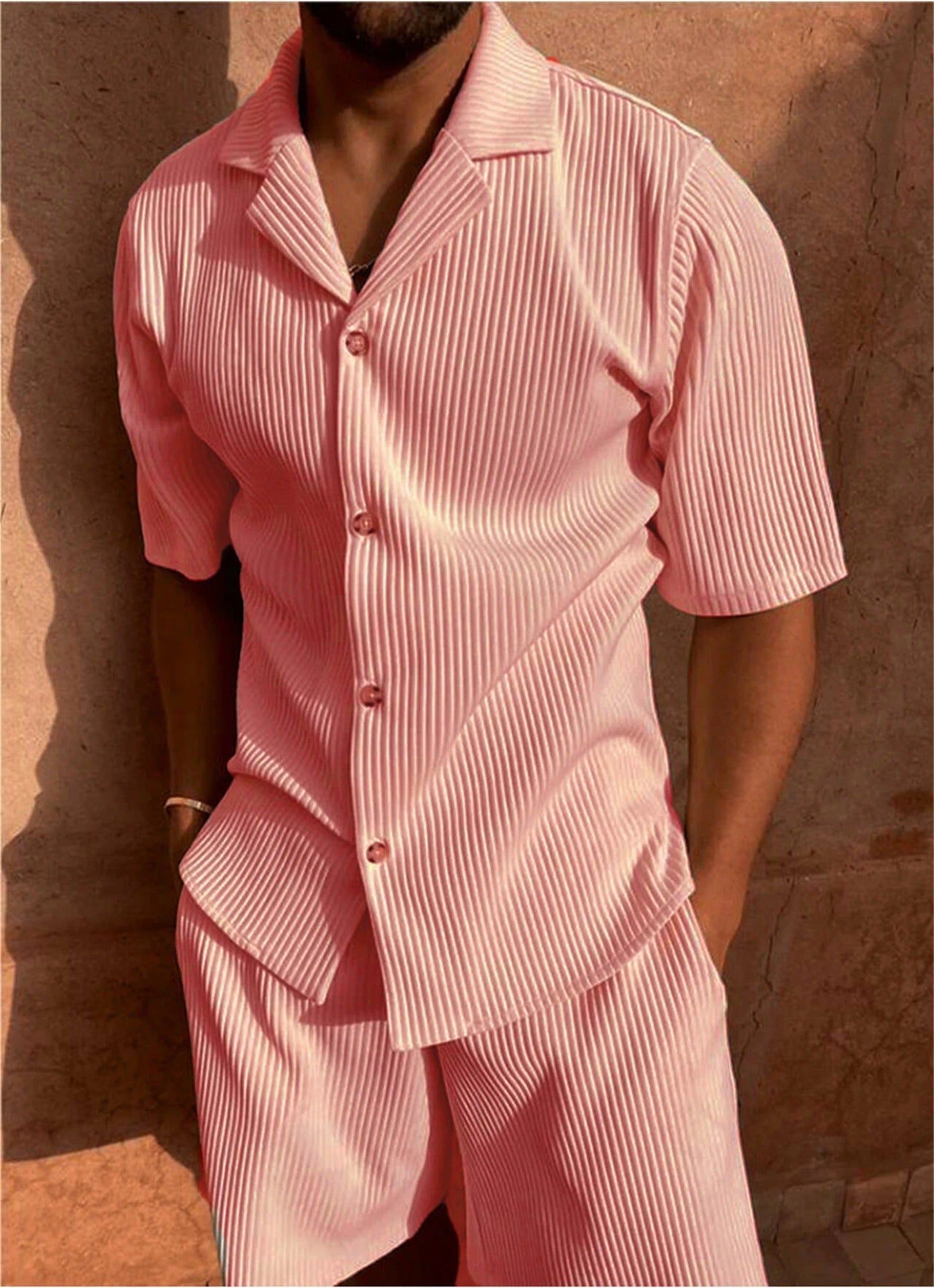 Men’s Two Piece Pleated Set – Short Sleeve Shirt & Shorts
